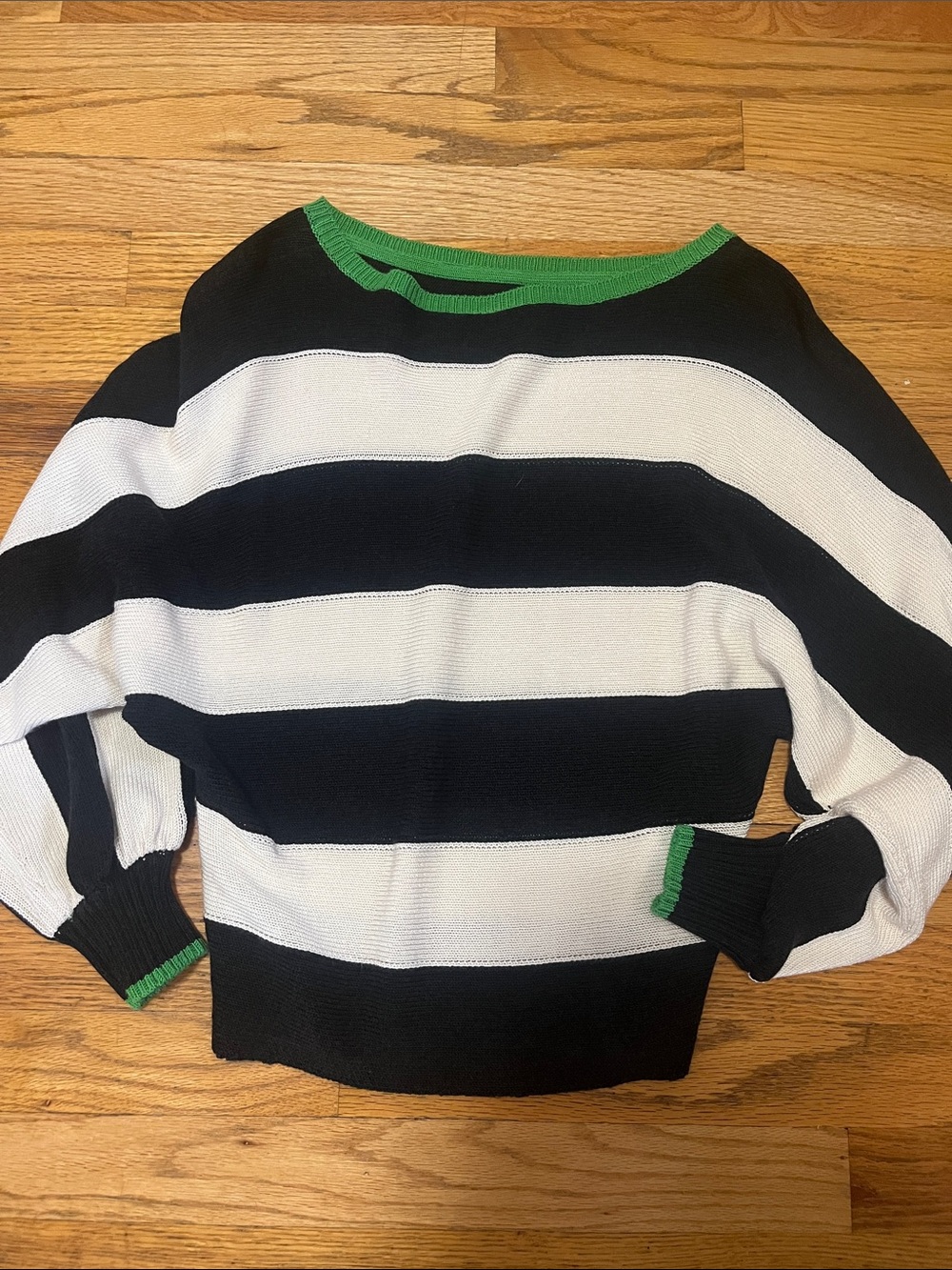 Maeve Black and White Boatneck Sweater with Green Trim xs